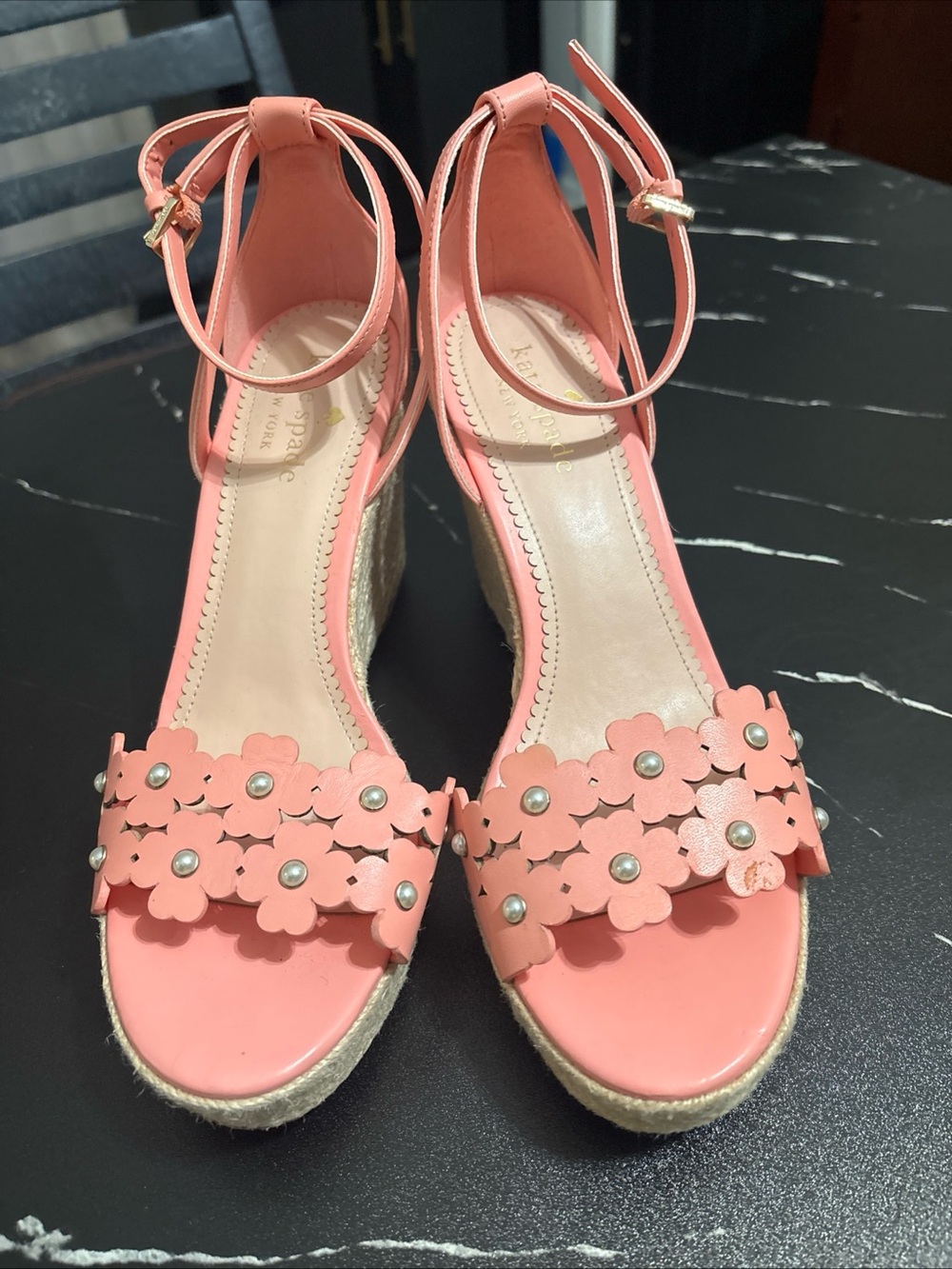 kate spade Coral Pink Floral Ankle-Strap Wedge Sandals with pearls